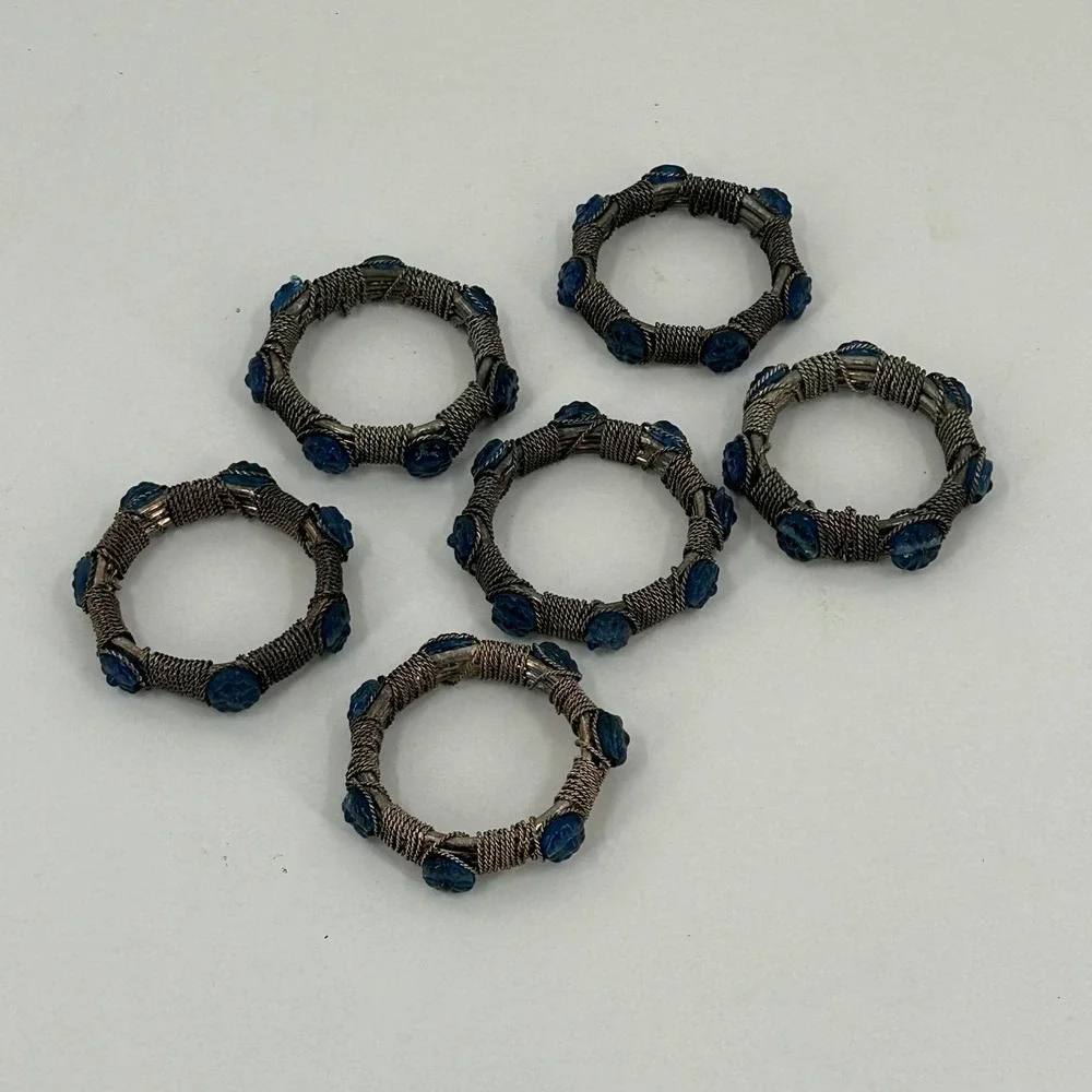 Vintage Napkin Rings Set of 6 Silver Tone Wire Wrapped Blue Glass Floral Detail